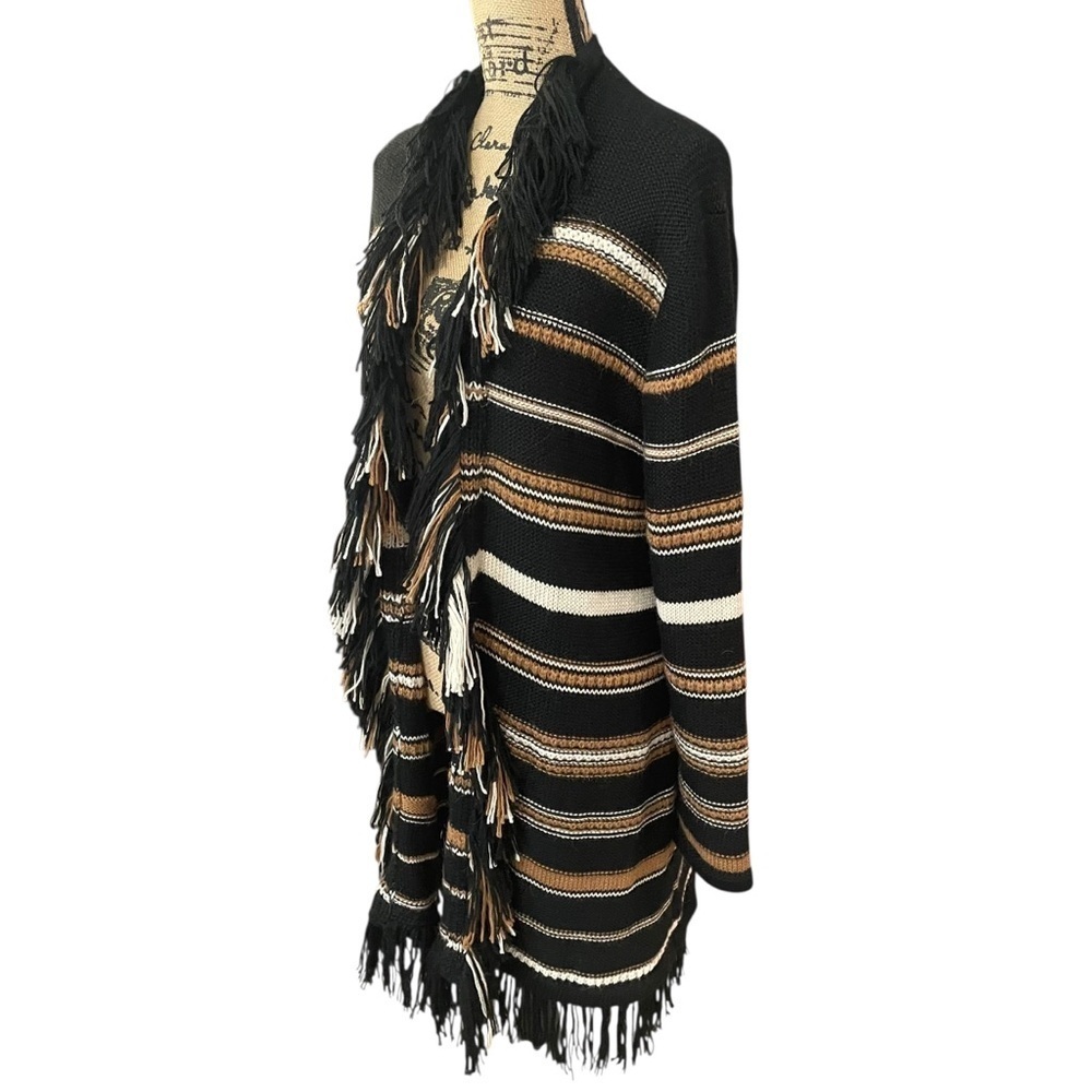 Johnny Was Ada Striped Cardigan Black Striped Fringe Alpaca Wool Size Large - Picture 8 of 9